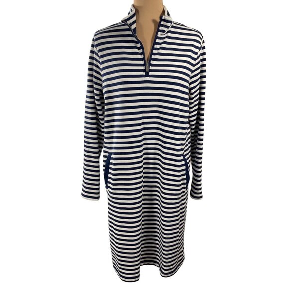 Lands' End Serious Sweats 1/4 Zip Sweater Dress Blue White Striped Size M Medium - Picture 1 of 7